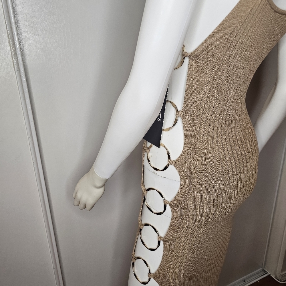 Hera Collection Taupe Dress Ribbed With Side Opening Size S Sexy Clubwear NEW - Picture 3 of 16